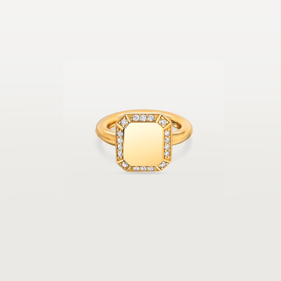 Emerald Signet Ring Yellow Gold with Diamond Pave