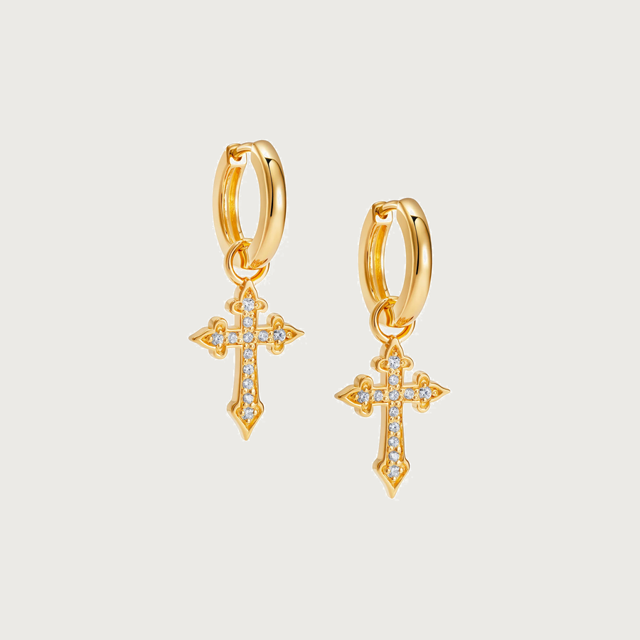 Madonna Cross Gold Hoop Earrings