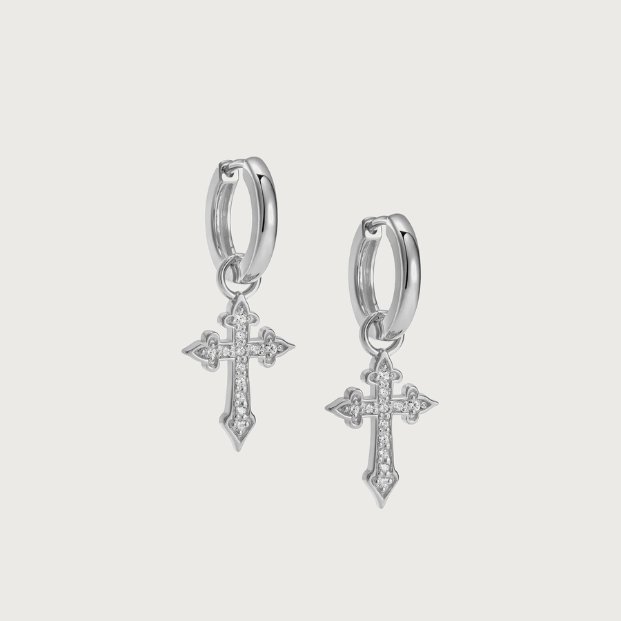 Madonna Cross Hoop Earrings in Silver