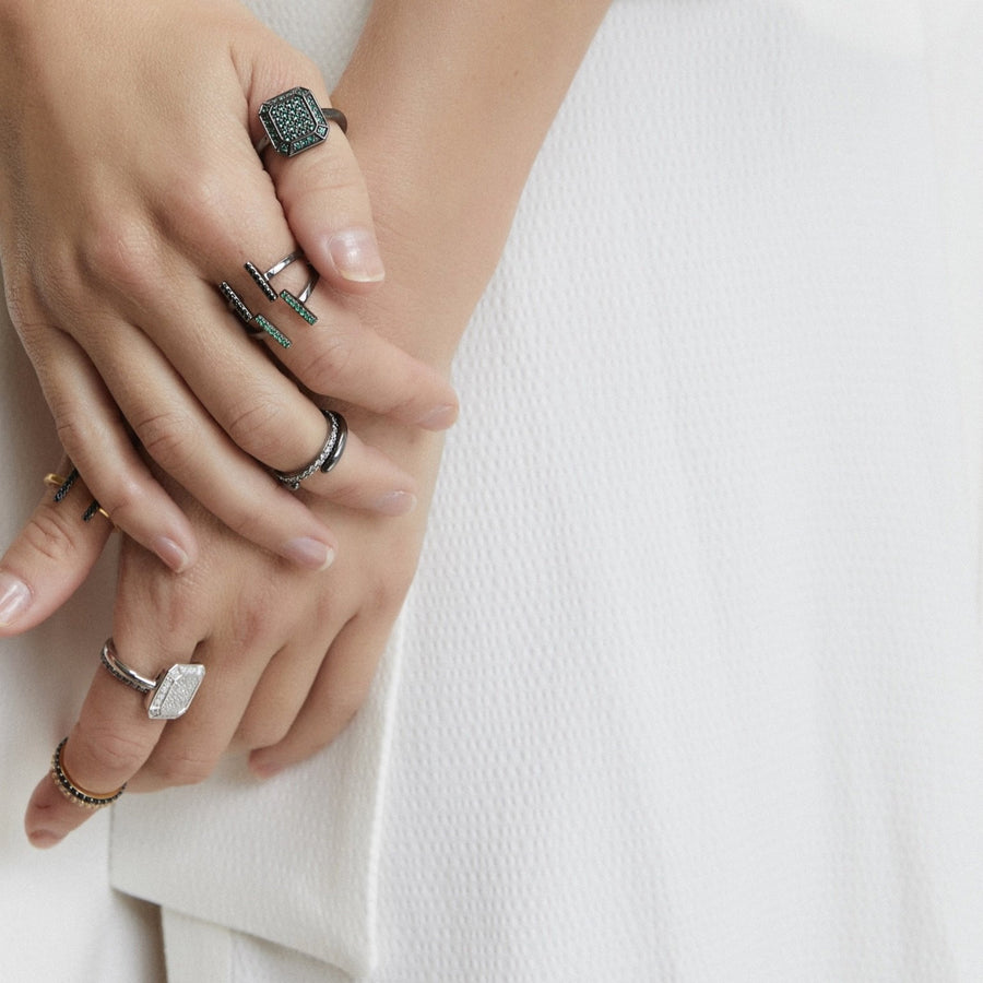 Emerald Ring Black Rhodium with Tsavorites